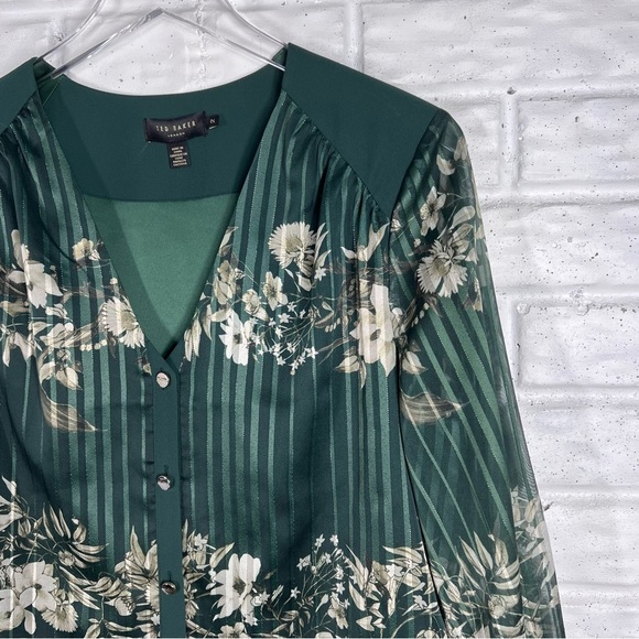 TED BAKER Eveliin Green Floral Blouse with Metallic Threads and sheer sleeves 2 - Picture 4 of 11